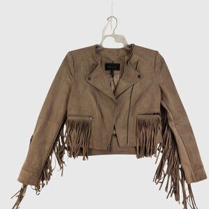 BCBGMAXAZRIA Tan Faux Suede Fringe Moto Jacket With Zipper Womens Size S